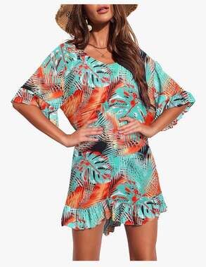 Ekouaer Womens Swimsuit Coverup V Neck Bathing Suit Beach Dress Sexy Ruffle Slee